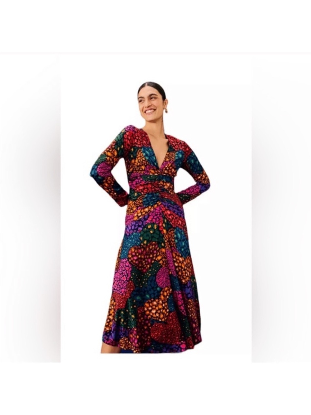 Farm Rio Rainbow Hearts Ruching Multicolor V-Neck Long Sleeve Midi Dress size M - Picture 4 of 12